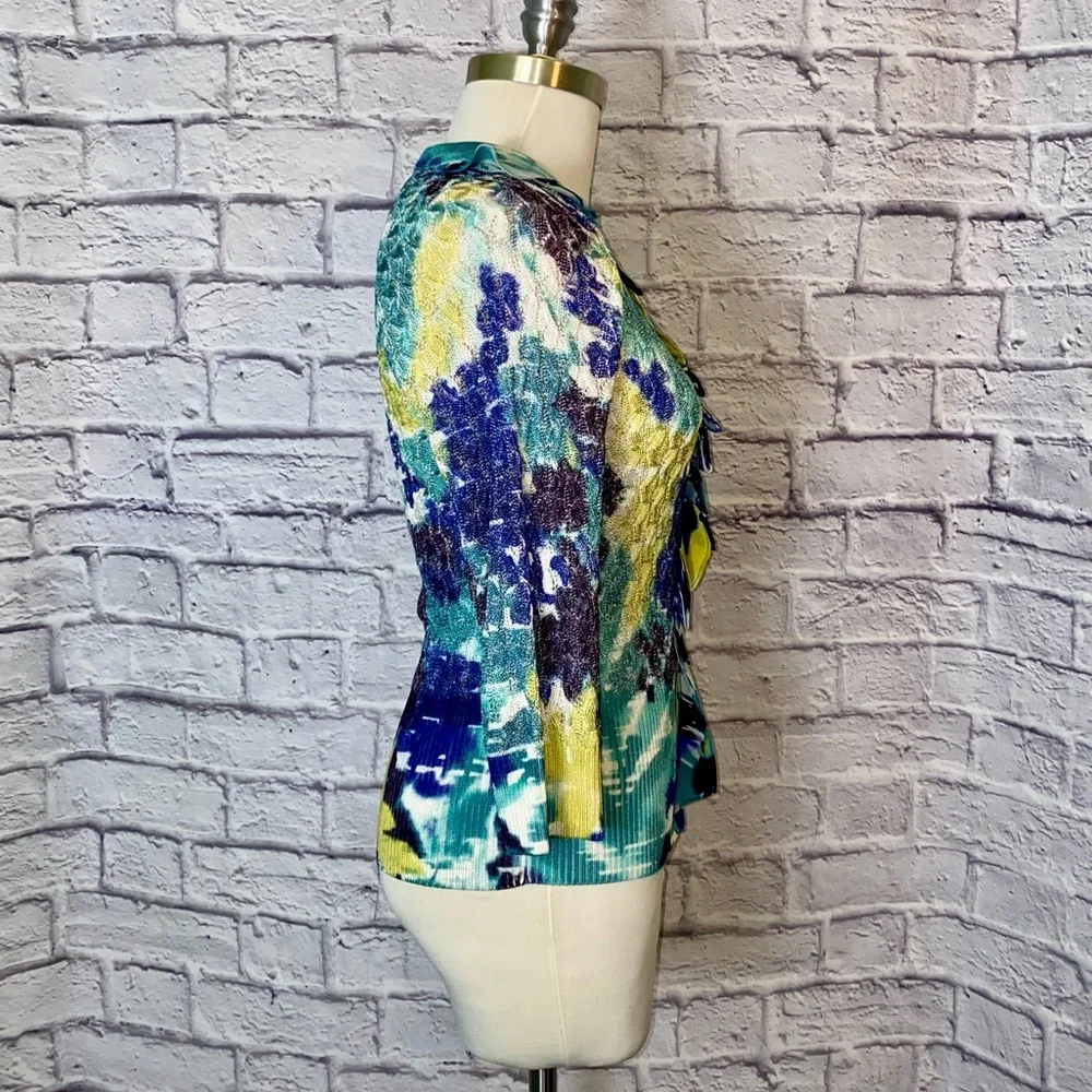 St John. Watercolor Button Up Cardigan in Blues, Yellow, Green. Size XS. - Picture 4 of 12